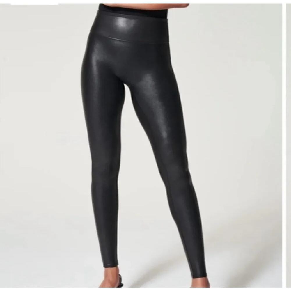 Spanx Faux Leather Leggings High Waisted Smoothing Sleek Black Size Small